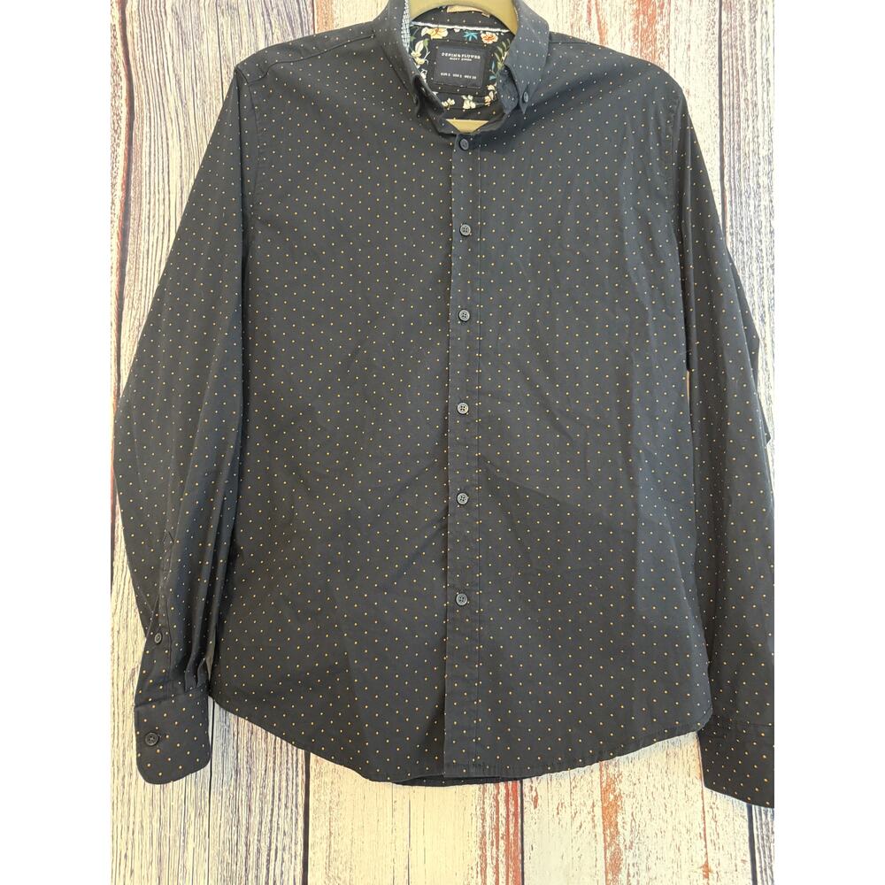 Denim & Flower Mens Navy Print Long Sleeve Dress Shirt Size Small